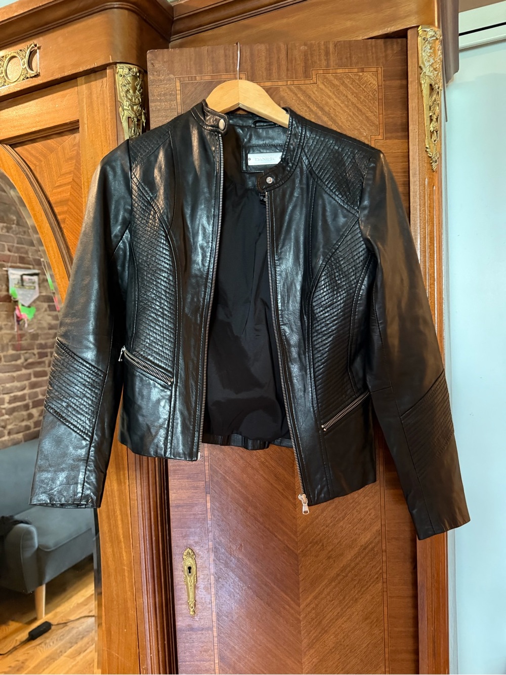 Danier Black Leather Jacket with Silver Nameplate